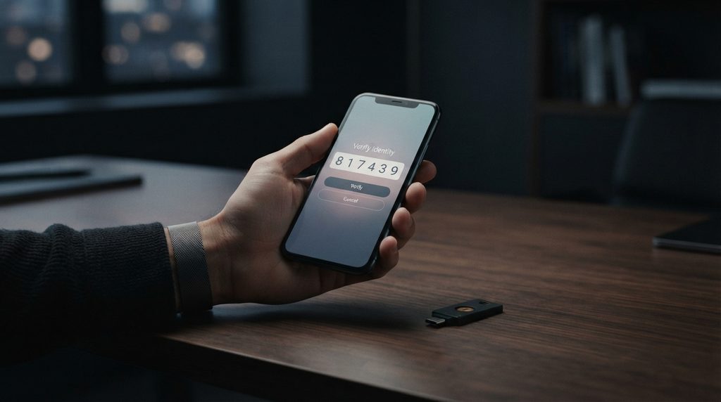 Two-factor authentication security key and smartphone verification