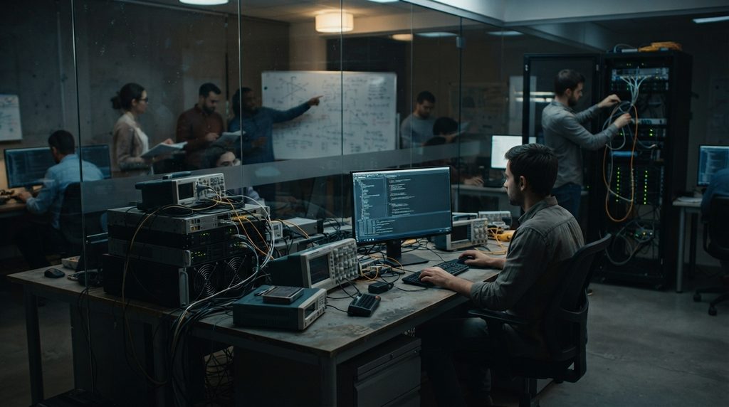 AI race represented by an advanced AI processor in a laboratory