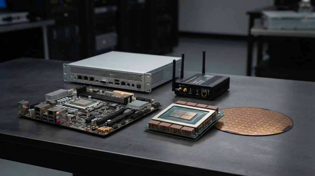 AI technology ecosystem with processors, servers, and computing hardware