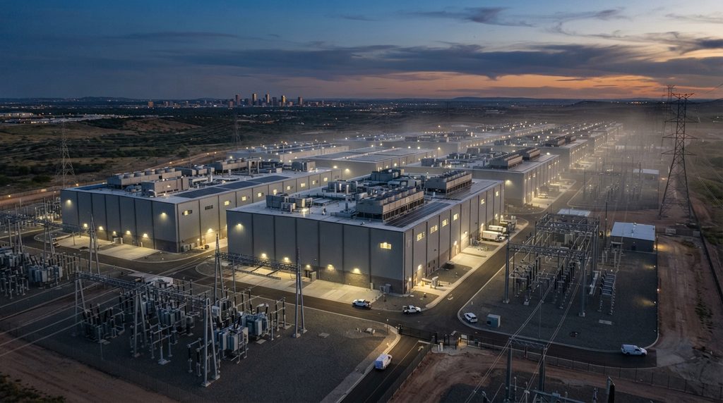 Modern AI data center facility with cooling and power infrastructure